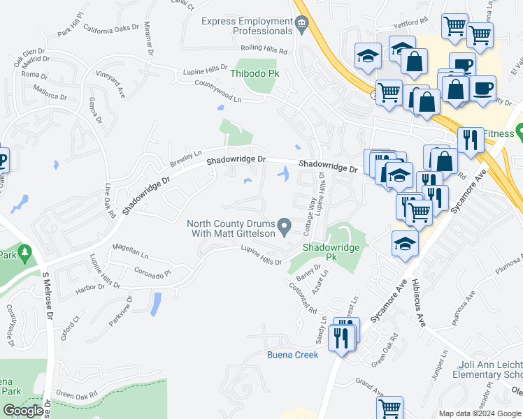 map of restaurants, bars, coffee shops, grocery stores, and more near 1915 Spyglass Circle in Vista