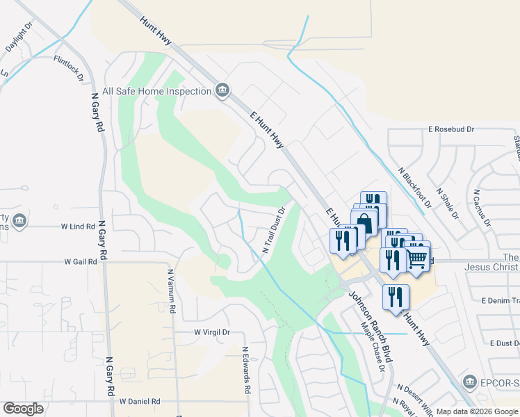 map of restaurants, bars, coffee shops, grocery stores, and more near 213 West Twin Peaks Parkway in Queen Creek