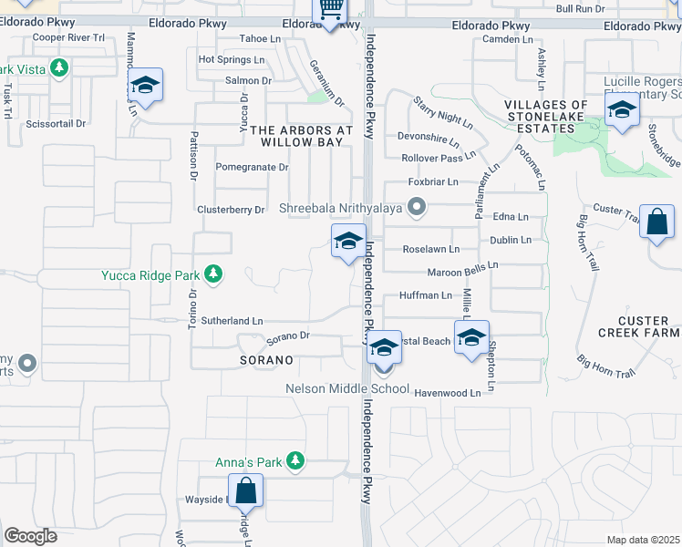 map of restaurants, bars, coffee shops, grocery stores, and more near 10555 Independence Parkway in Frisco