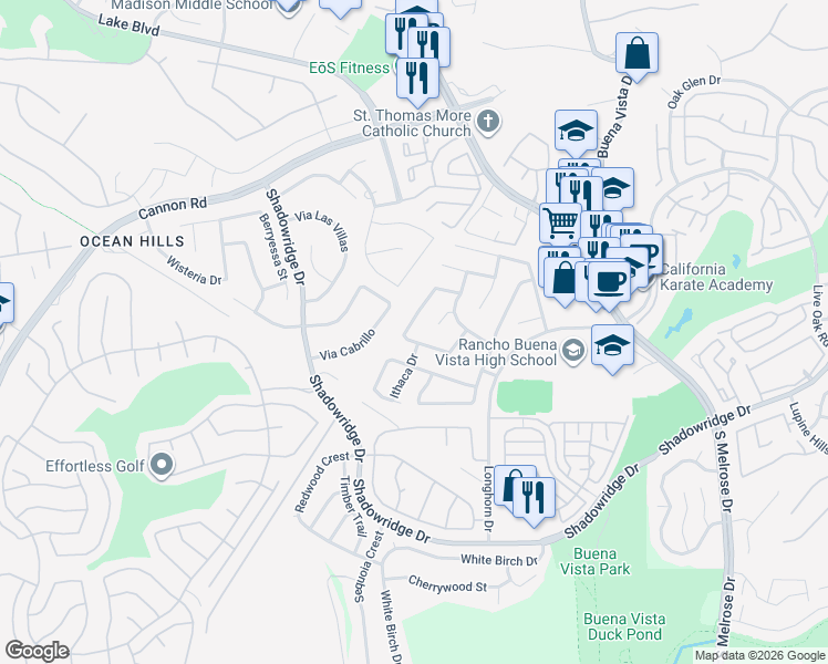 map of restaurants, bars, coffee shops, grocery stores, and more near 1672 Olympus Loop Drive in Vista