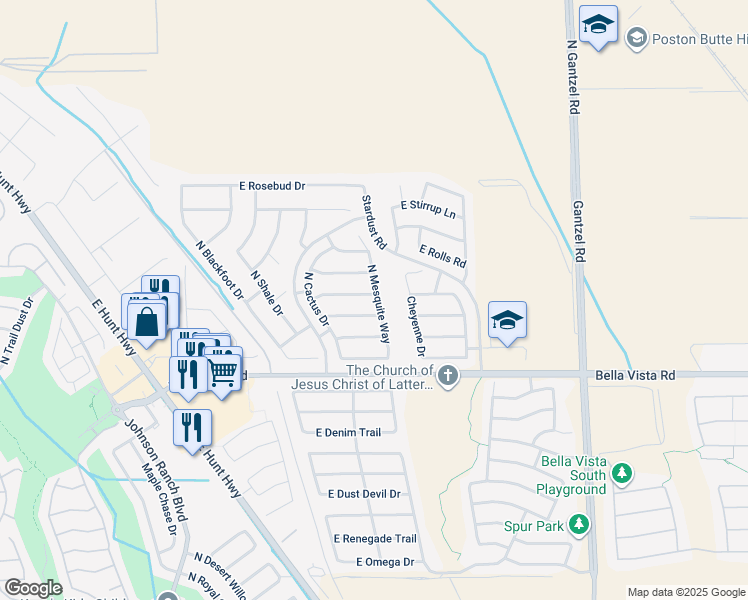 map of restaurants, bars, coffee shops, grocery stores, and more near 1177 East Desert Holly Drive in San Tan Valley