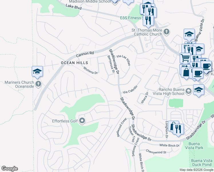 map of restaurants, bars, coffee shops, grocery stores, and more near 5266 Candlelight Street in Oceanside