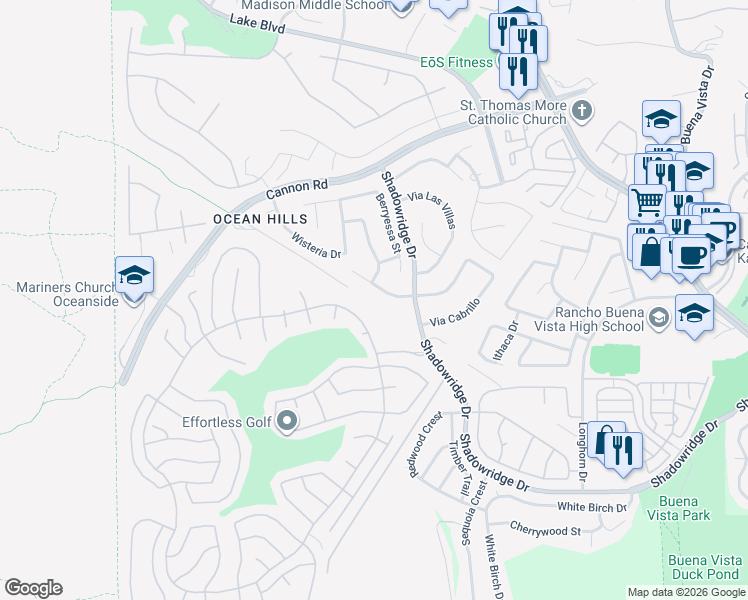 map of restaurants, bars, coffee shops, grocery stores, and more near 5266 Candlelight Street in Oceanside