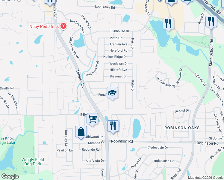 map of restaurants, bars, coffee shops, grocery stores, and more near 2645 Fondren Road in Denton