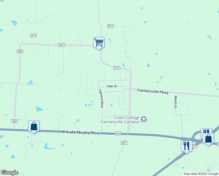 map of restaurants, bars, coffee shops, grocery stores, and more near 1812 Yale Street in Farmersville