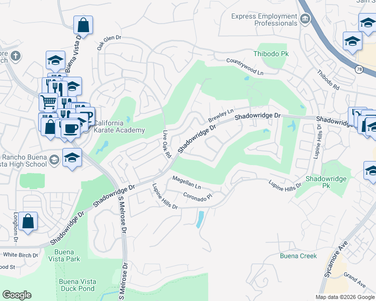 map of restaurants, bars, coffee shops, grocery stores, and more near 2028 Columbus Way in Vista