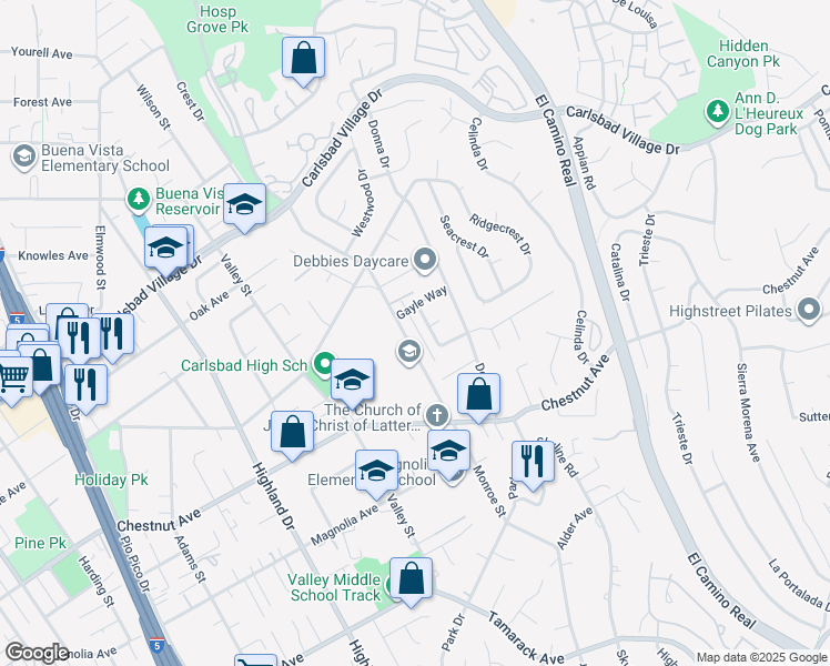map of restaurants, bars, coffee shops, grocery stores, and more near 3434 Monroe Street in Carlsbad