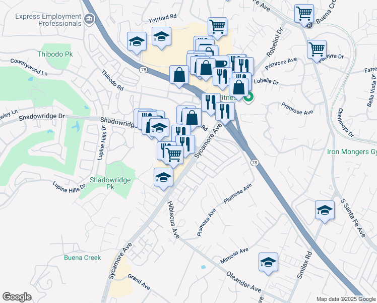 map of restaurants, bars, coffee shops, grocery stores, and more near 742 Shadowridge Drive in Vista