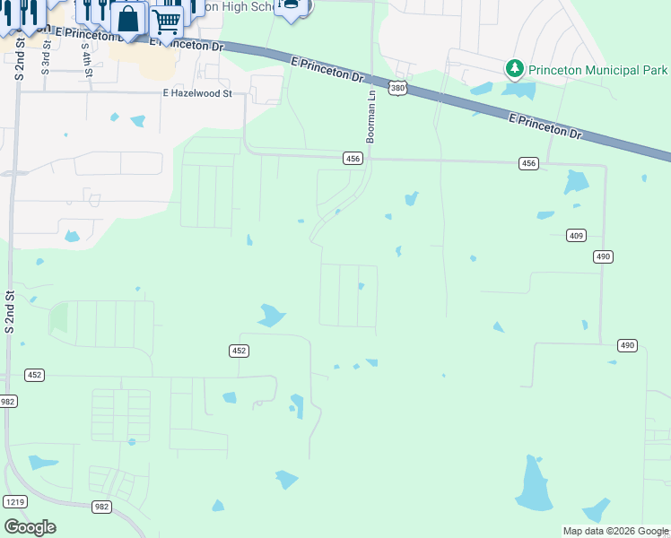map of restaurants, bars, coffee shops, grocery stores, and more near 1215 County Road 456 in Princeton