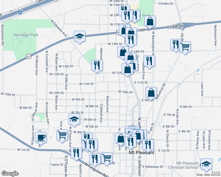 map of restaurants, bars, coffee shops, grocery stores, and more near 501 West 11th Street in Mount Pleasant