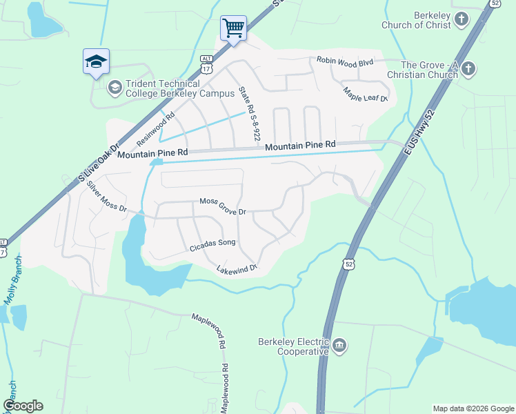 map of restaurants, bars, coffee shops, grocery stores, and more near 1102 Moss Grove Drive in Moncks Corner