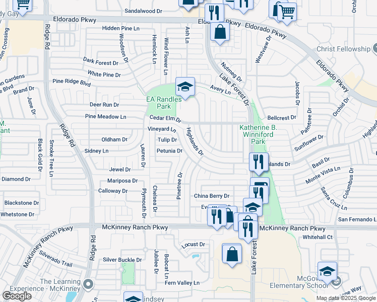 map of restaurants, bars, coffee shops, grocery stores, and more near 5320 Highlands Drive in McKinney