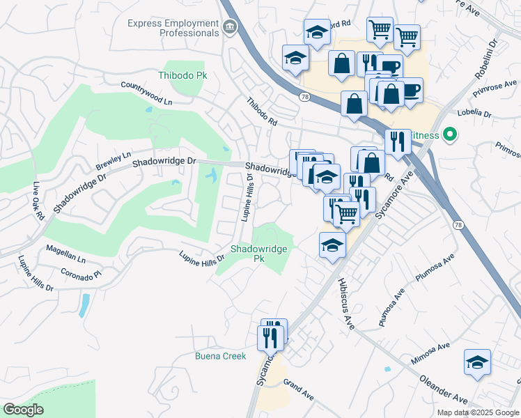 map of restaurants, bars, coffee shops, grocery stores, and more near 885 Brooktree Lane in Vista
