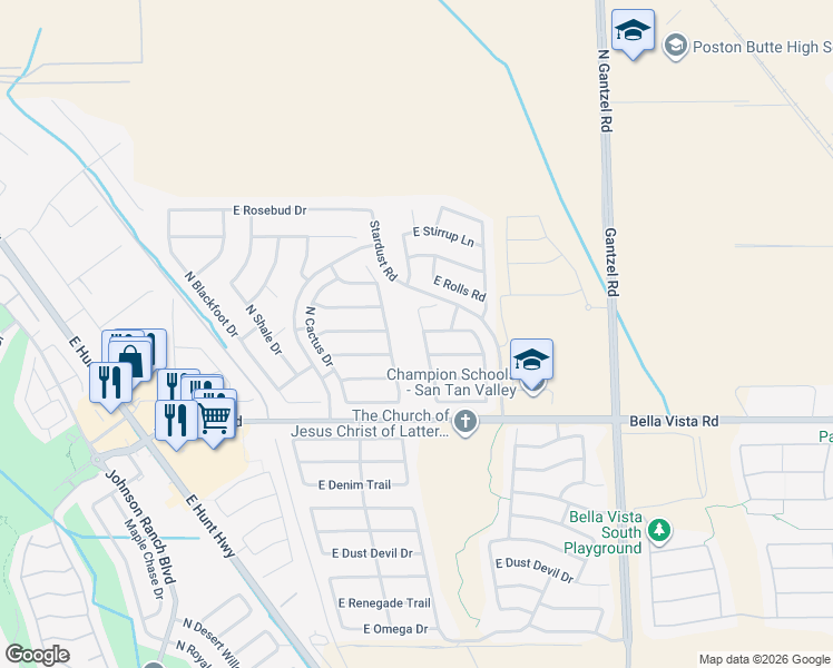 map of restaurants, bars, coffee shops, grocery stores, and more near 1350 East Desert Holly Drive in San Tan Valley