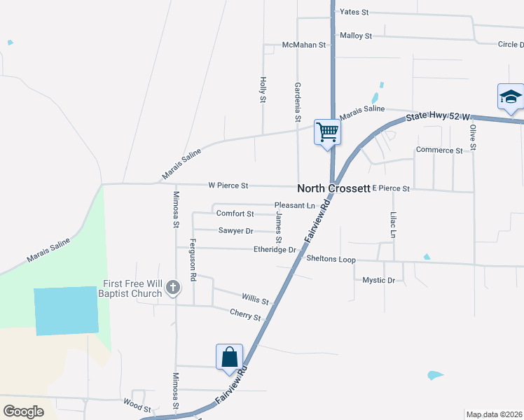 map of restaurants, bars, coffee shops, grocery stores, and more near 206 Pleasant Lane in Crossett