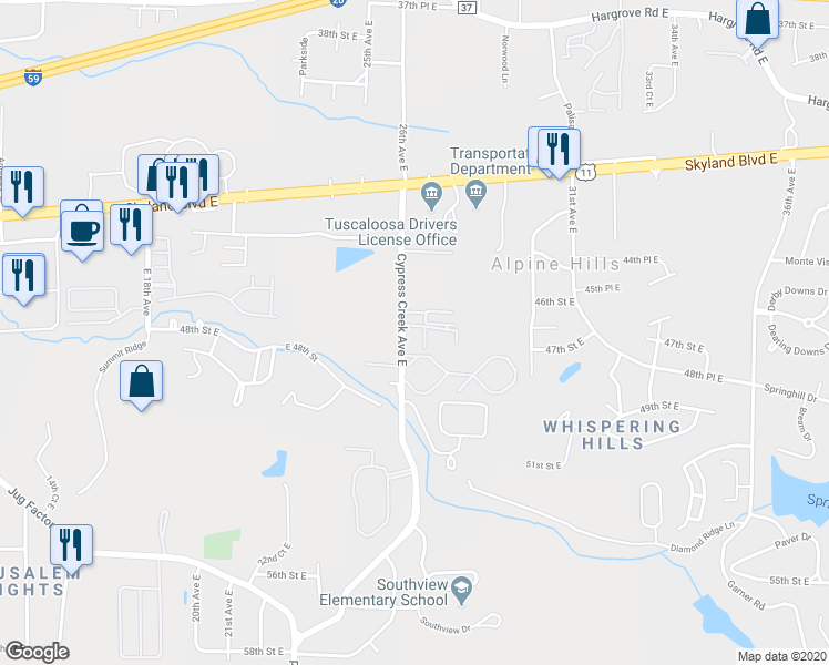 map of restaurants, bars, coffee shops, grocery stores, and more near 4709 Cypress Creek Avenue East in Tuscaloosa
