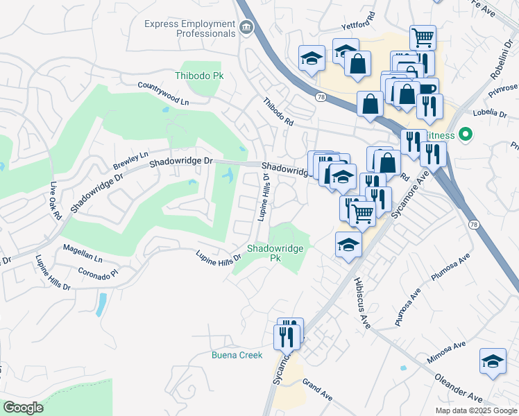 map of restaurants, bars, coffee shops, grocery stores, and more near 2106 Cottage Way in Vista