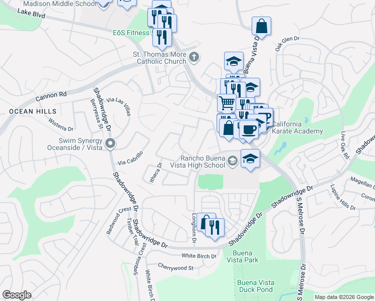 map of restaurants, bars, coffee shops, grocery stores, and more near 1658 Pinnacle Way in Vista