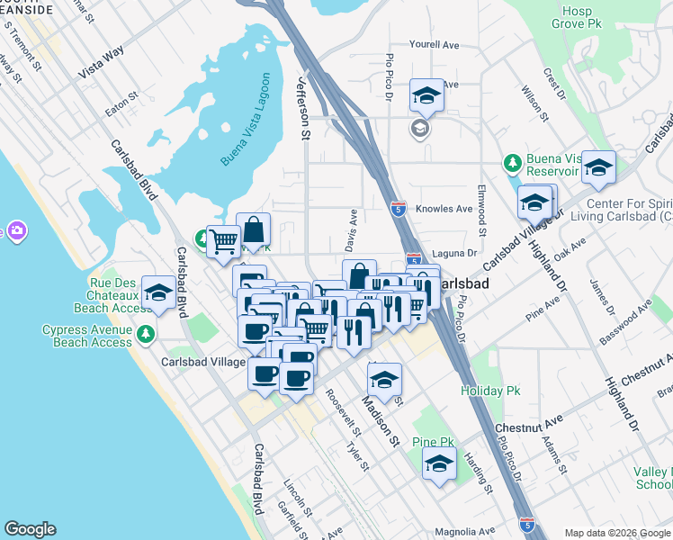 map of restaurants, bars, coffee shops, grocery stores, and more near 965 Laguna Drive in Carlsbad