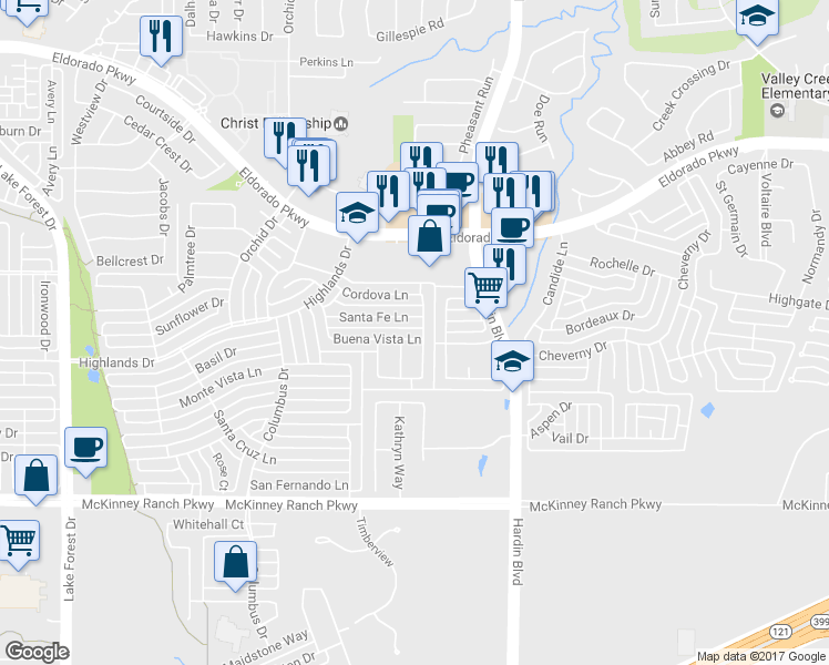 map of restaurants, bars, coffee shops, grocery stores, and more near 4407 Santa Fe Lane in McKinney