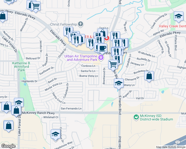 map of restaurants, bars, coffee shops, grocery stores, and more near 4300 Buena Vista Lane in McKinney