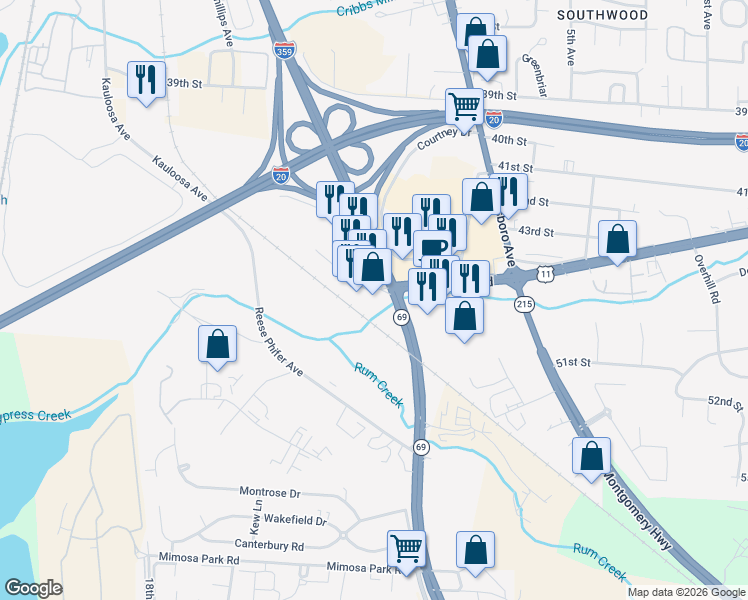 map of restaurants, bars, coffee shops, grocery stores, and more near 5101 Oscar Baxter Drive in Tuscaloosa