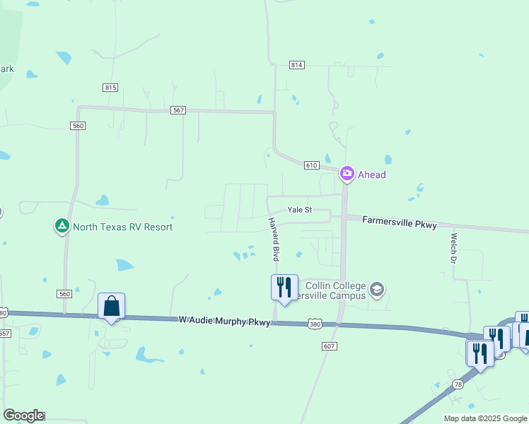 map of restaurants, bars, coffee shops, grocery stores, and more near 120 Harvard Boulevard in Farmersville