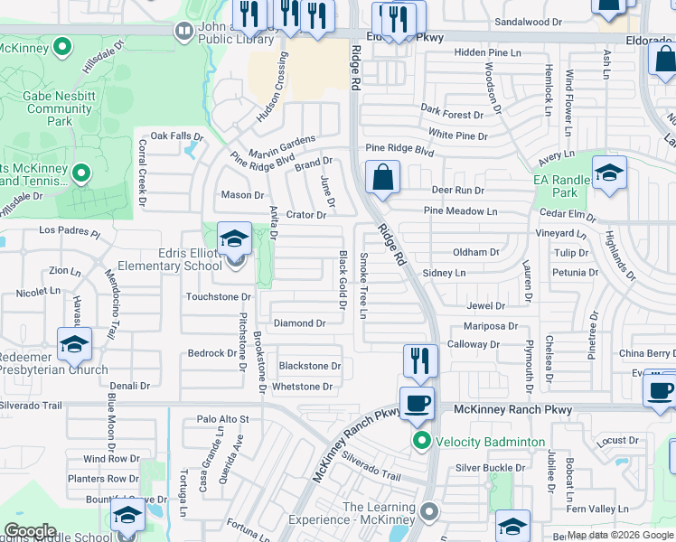 map of restaurants, bars, coffee shops, grocery stores, and more near 3500 Black Gold Drive in McKinney