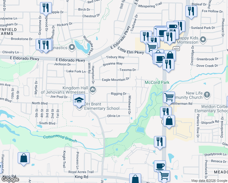 map of restaurants, bars, coffee shops, grocery stores, and more near 2300 Tailburton Court in Little Elm