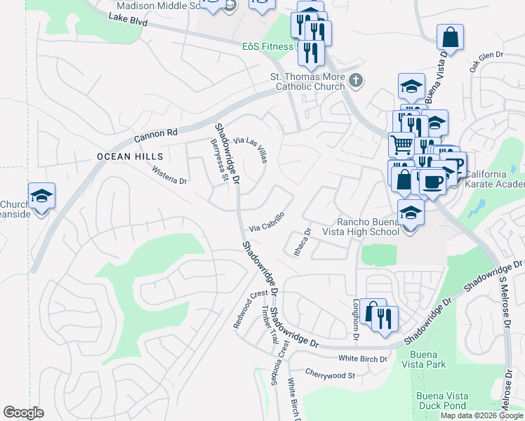 map of restaurants, bars, coffee shops, grocery stores, and more near 3734 Via Del Rancho in Oceanside