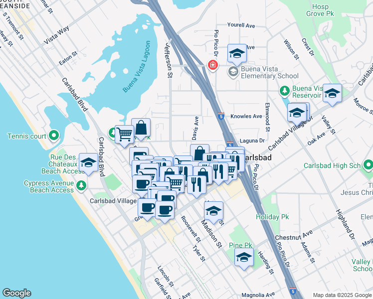 map of restaurants, bars, coffee shops, grocery stores, and more near 935 Laguna Drive in Carlsbad