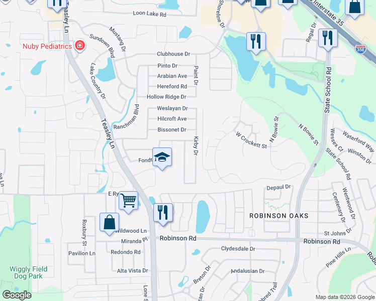 map of restaurants, bars, coffee shops, grocery stores, and more near 3833 Chimney Rock Drive in Denton