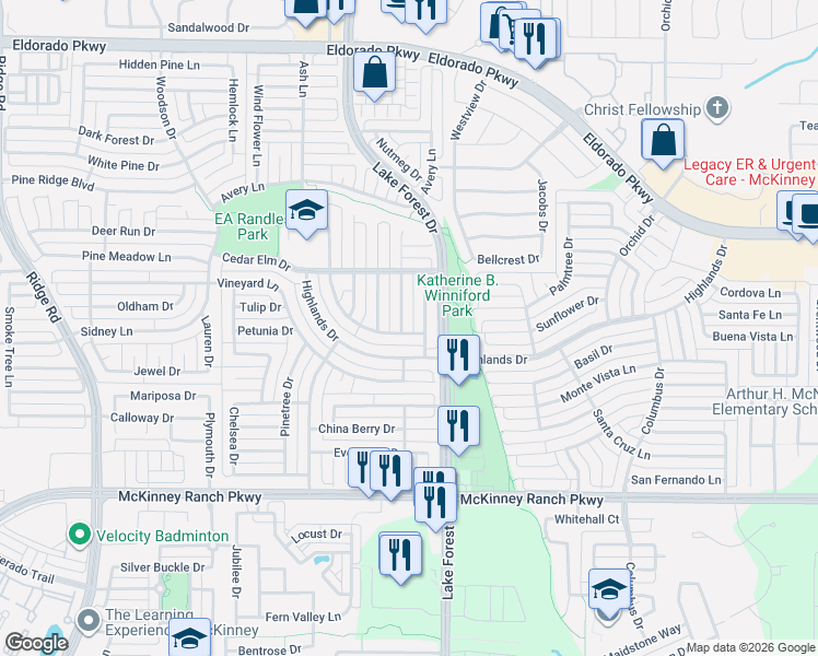 map of restaurants, bars, coffee shops, grocery stores, and more near 3608 Cherry Blossom Lane in McKinney
