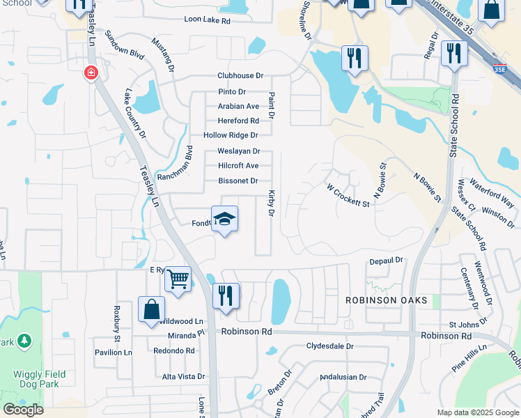 map of restaurants, bars, coffee shops, grocery stores, and more near 3825 Chimney Rock Drive in Denton