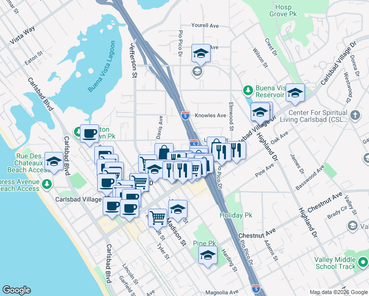 map of restaurants, bars, coffee shops, grocery stores, and more near 1085 Laguna Drive in Carlsbad