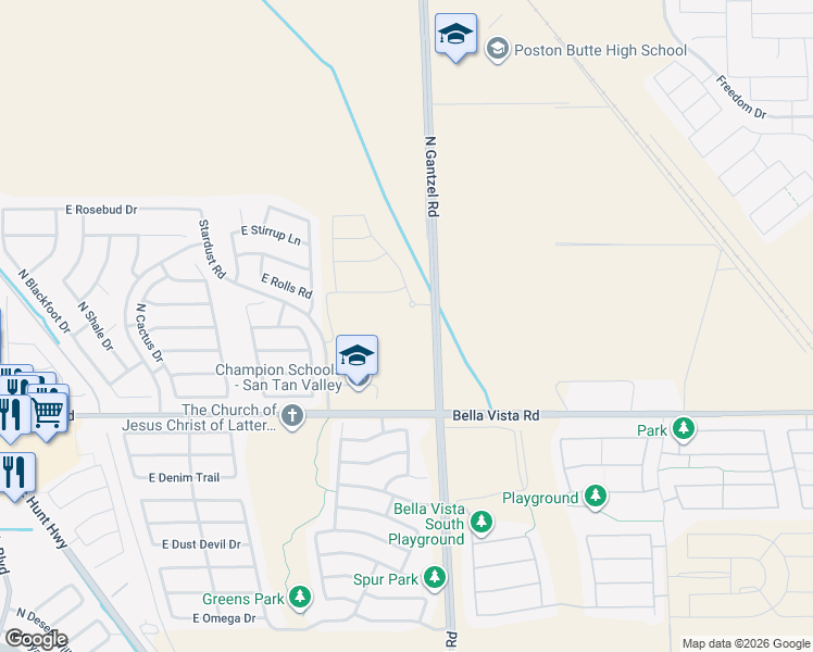map of restaurants, bars, coffee shops, grocery stores, and more near 32825 North Gantzel Road in San Tan Valley