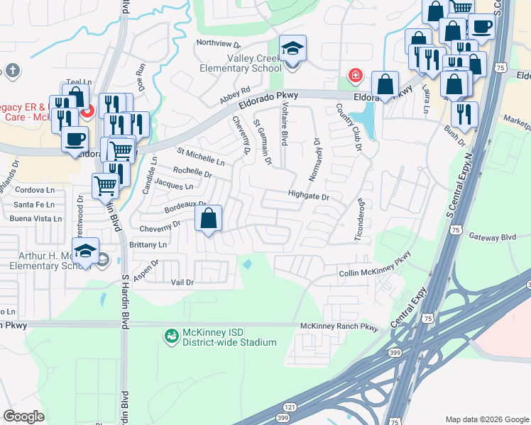 map of restaurants, bars, coffee shops, grocery stores, and more near 2408 Saint Remy Drive in McKinney