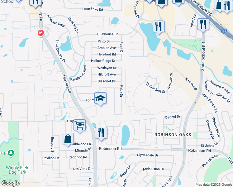 map of restaurants, bars, coffee shops, grocery stores, and more near 3825 Chimney Rock Drive in Denton