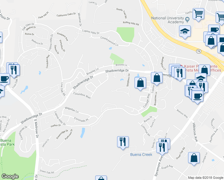 map of restaurants, bars, coffee shops, grocery stores, and more near 1798 Spyglass Circle in Vista