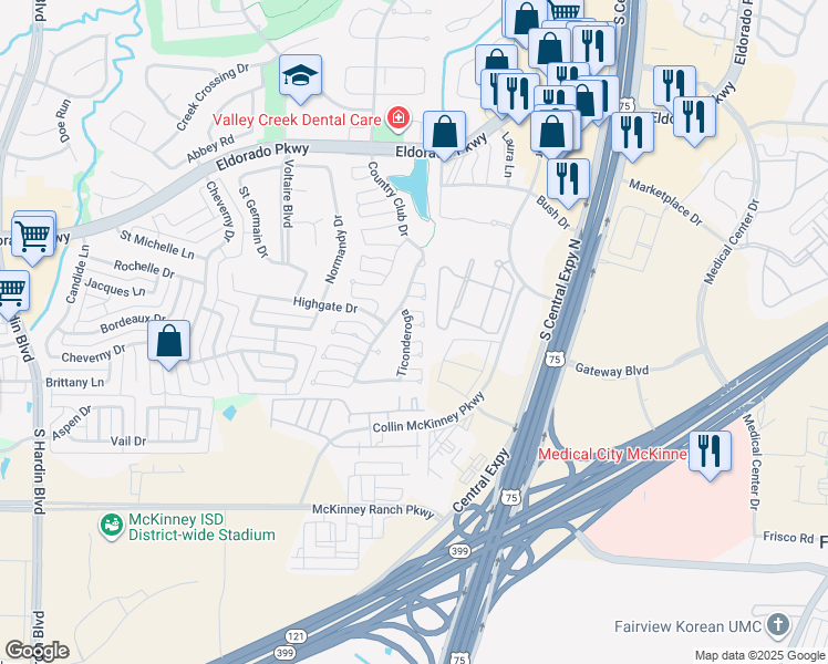 map of restaurants, bars, coffee shops, grocery stores, and more near 2109 Valcour Bay in McKinney