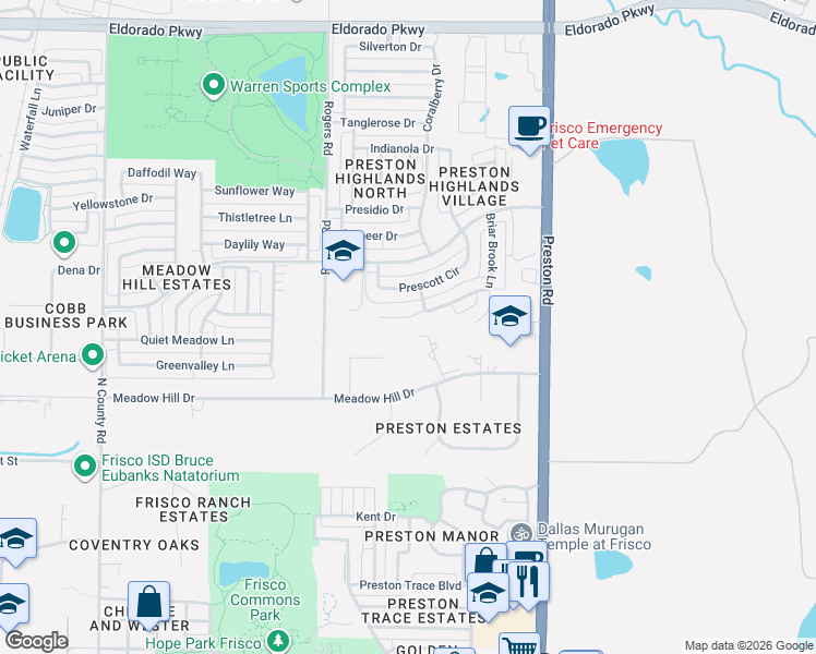 map of restaurants, bars, coffee shops, grocery stores, and more near 8407 Pinnacle Drive in Frisco