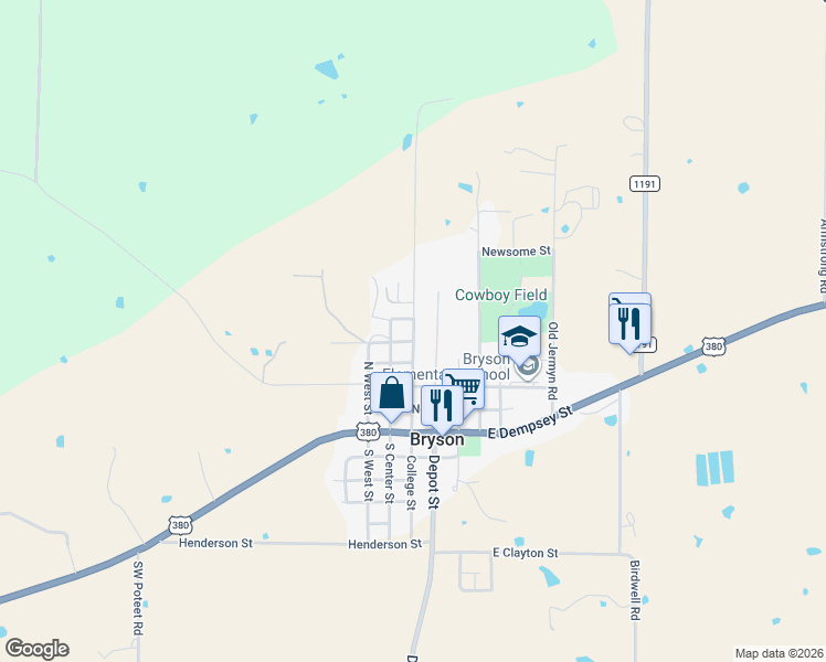 map of restaurants, bars, coffee shops, grocery stores, and more near 701 North College Avenue in Bryson