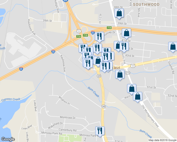 map of restaurants, bars, coffee shops, grocery stores, and more near 5037 Oscar Baxter Dr in Tuscaloosa