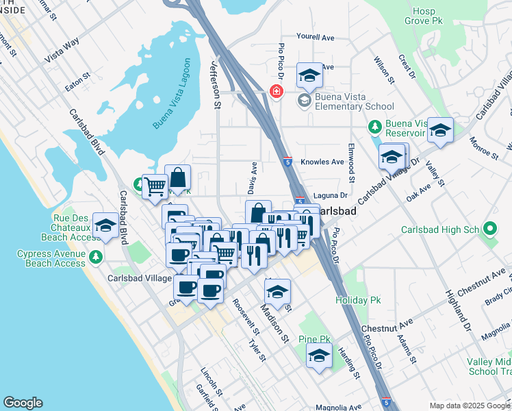 map of restaurants, bars, coffee shops, grocery stores, and more near 975 Laguna Drive in Carlsbad