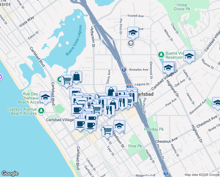map of restaurants, bars, coffee shops, grocery stores, and more near 965 Laguna Drive in Carlsbad