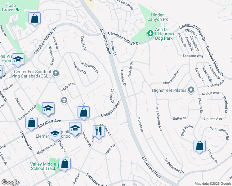 map of restaurants, bars, coffee shops, grocery stores, and more near 3649 Azure Circle in Carlsbad
