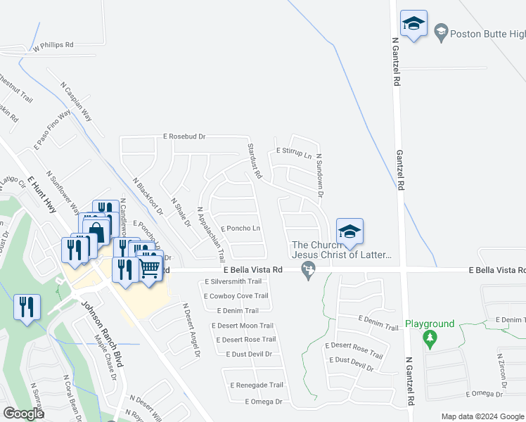 map of restaurants, bars, coffee shops, grocery stores, and more near 31445 North Mesquite Way in Queen Creek