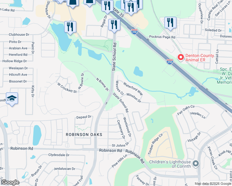 map of restaurants, bars, coffee shops, grocery stores, and more near 3901 State School Road in Denton