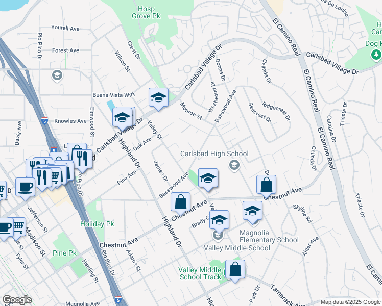 map of restaurants, bars, coffee shops, grocery stores, and more near 3275 Maezel Lane in Carlsbad