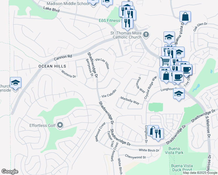 map of restaurants, bars, coffee shops, grocery stores, and more near 3734 Via Del Rancho in Oceanside